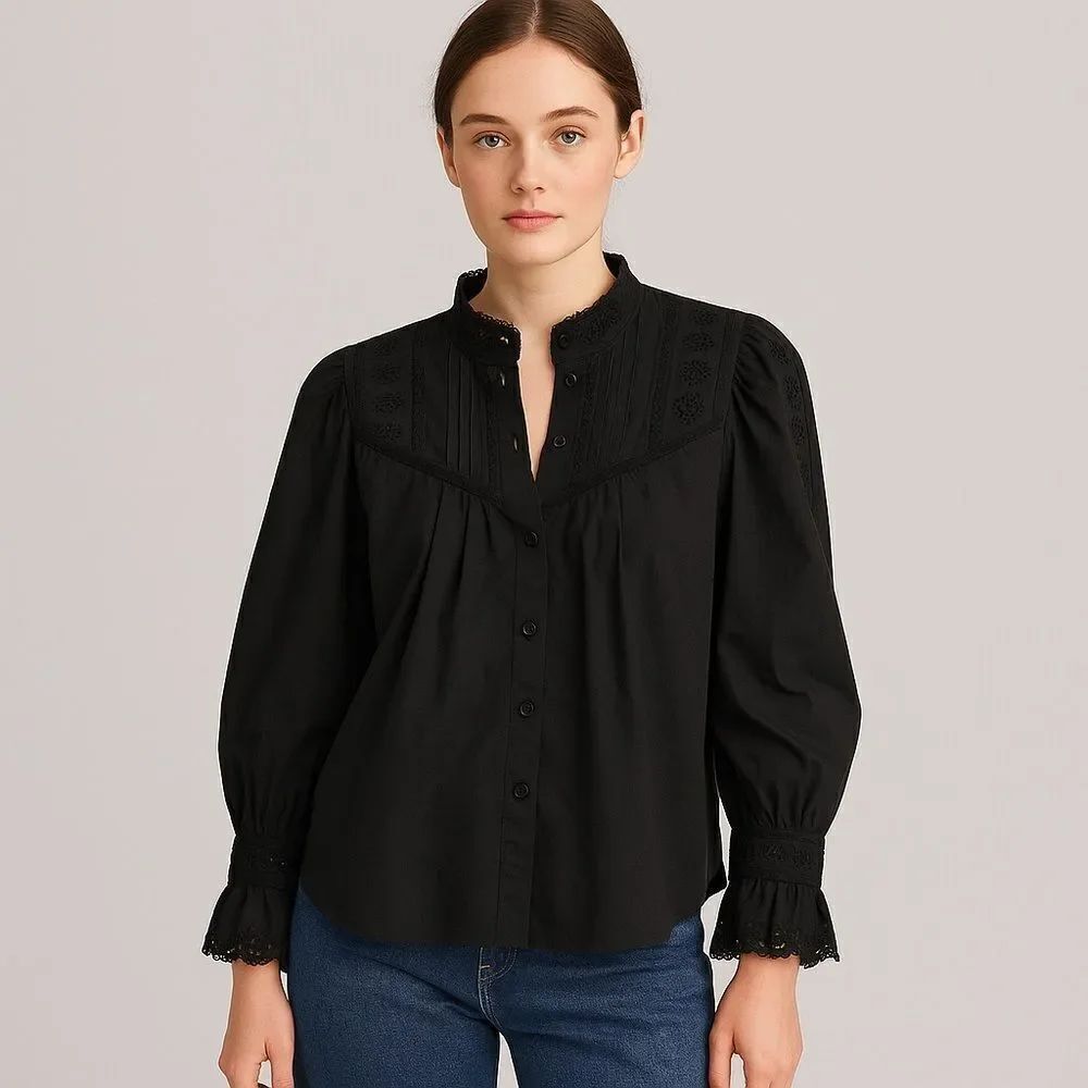 Revolve Rebecca Taylor Cotton Applique Lace Poplin Long Sleeve Blouse Size 0